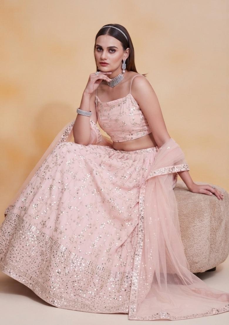 Pink Embroidered Georgette Lehenga Set - Indya