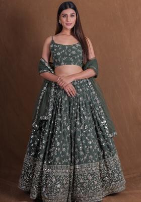 Dark Green Embroidered Georgette Lehenga Set