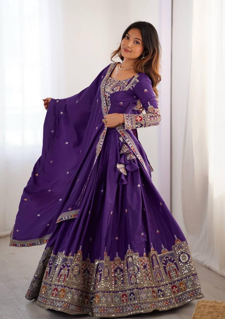 Purple Embroidered Crepe Lehenga Set - Indya