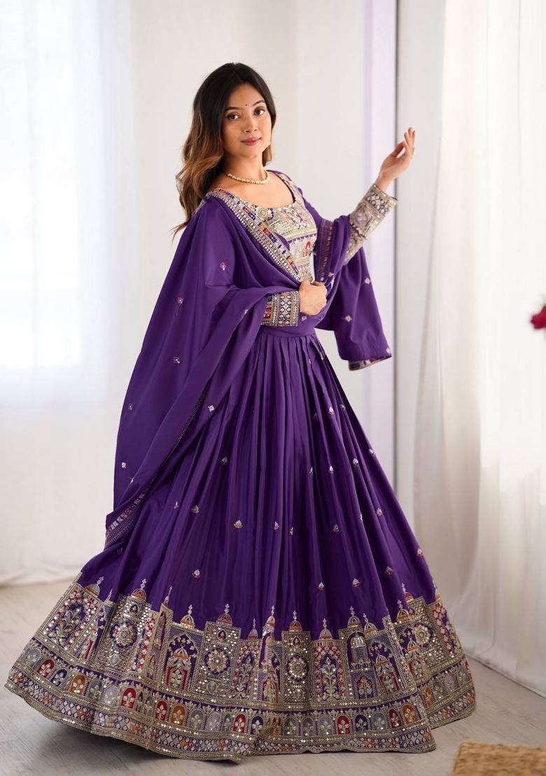 Purple Embroidered Crepe Lehenga Set - Indya