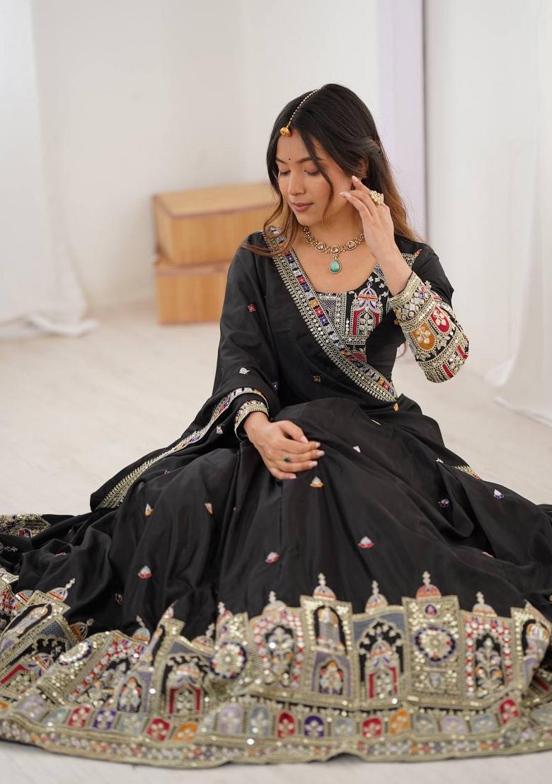 Black Embroidered Crepe Lehenga Set - Indya