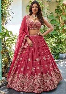 Pink Embroidered Chinon Lehenga Set