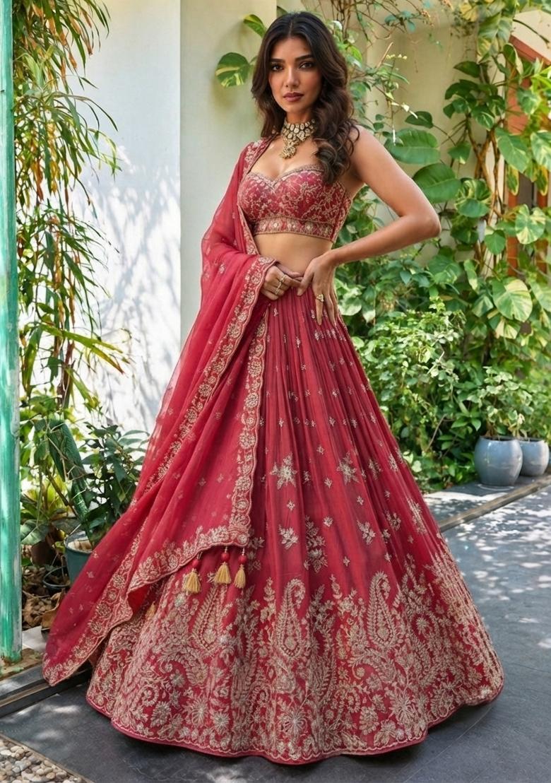 Pink Embroidered Chinon Lehenga Set - Indya
