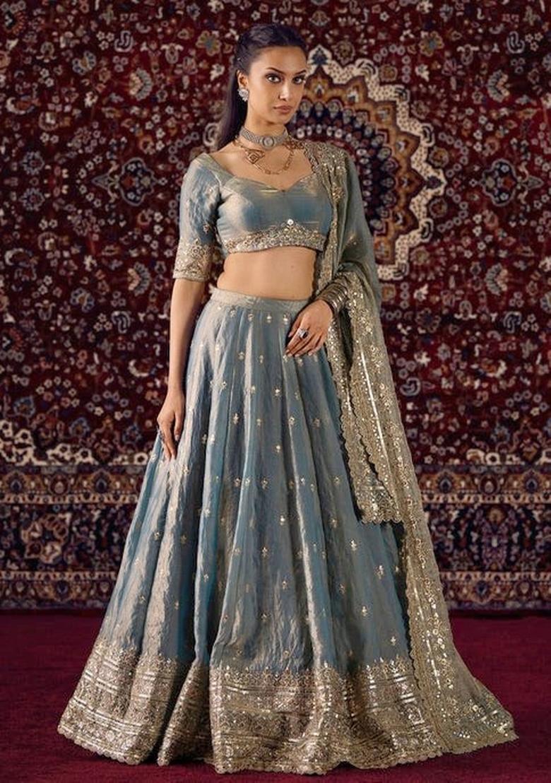 Teal Embroidered Silk Lehenga Set - Indya