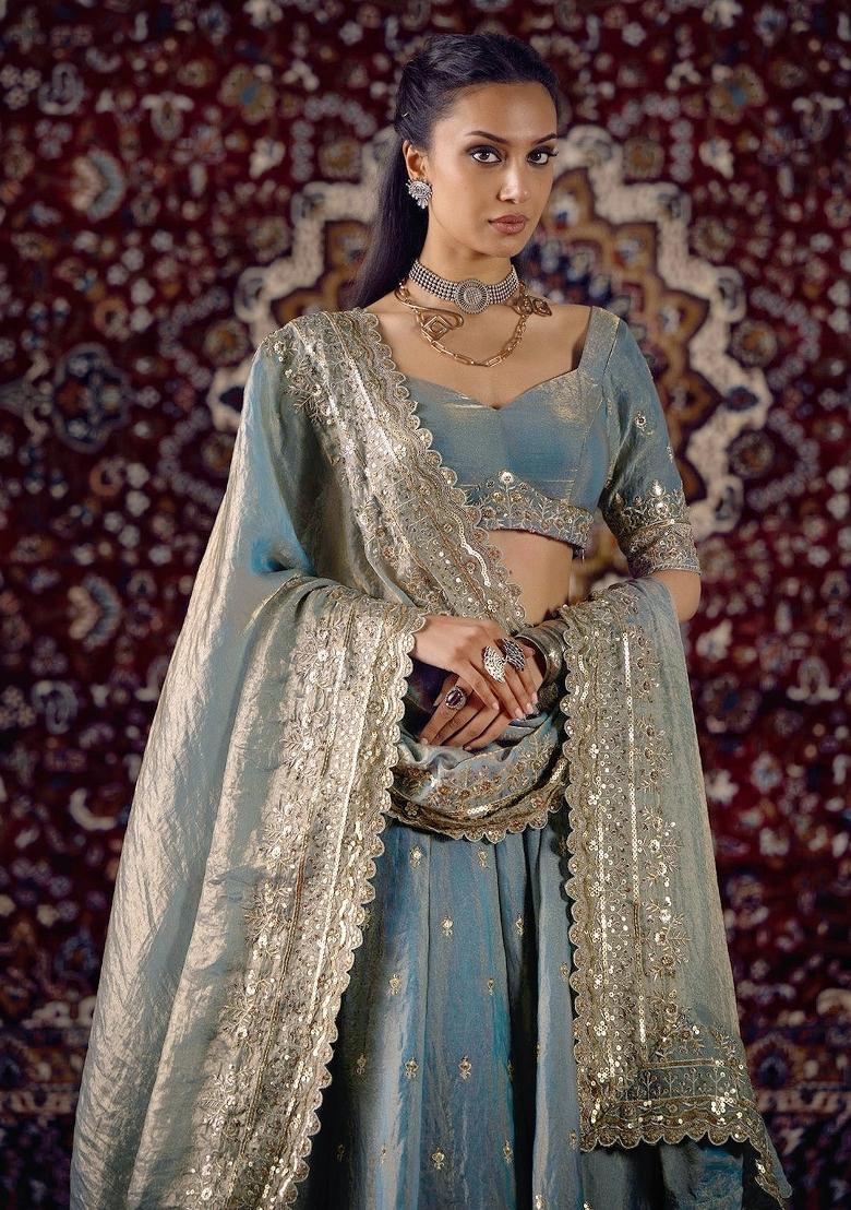 Teal Embroidered Silk Lehenga Set - Indya