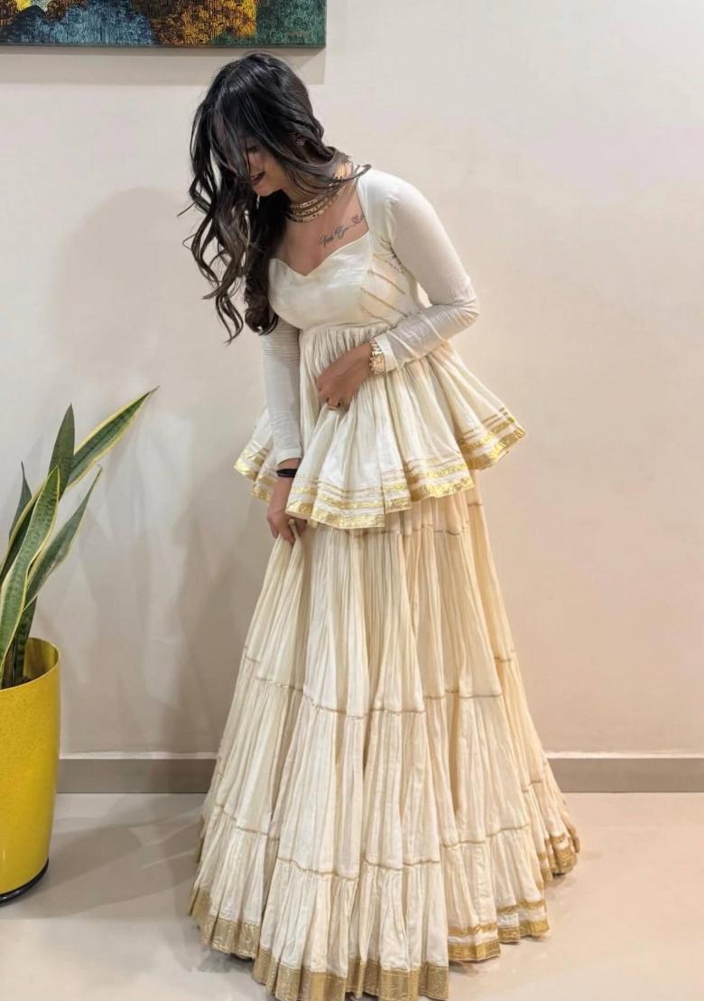 White Lace Work Cotton Lehenga Set - Indya