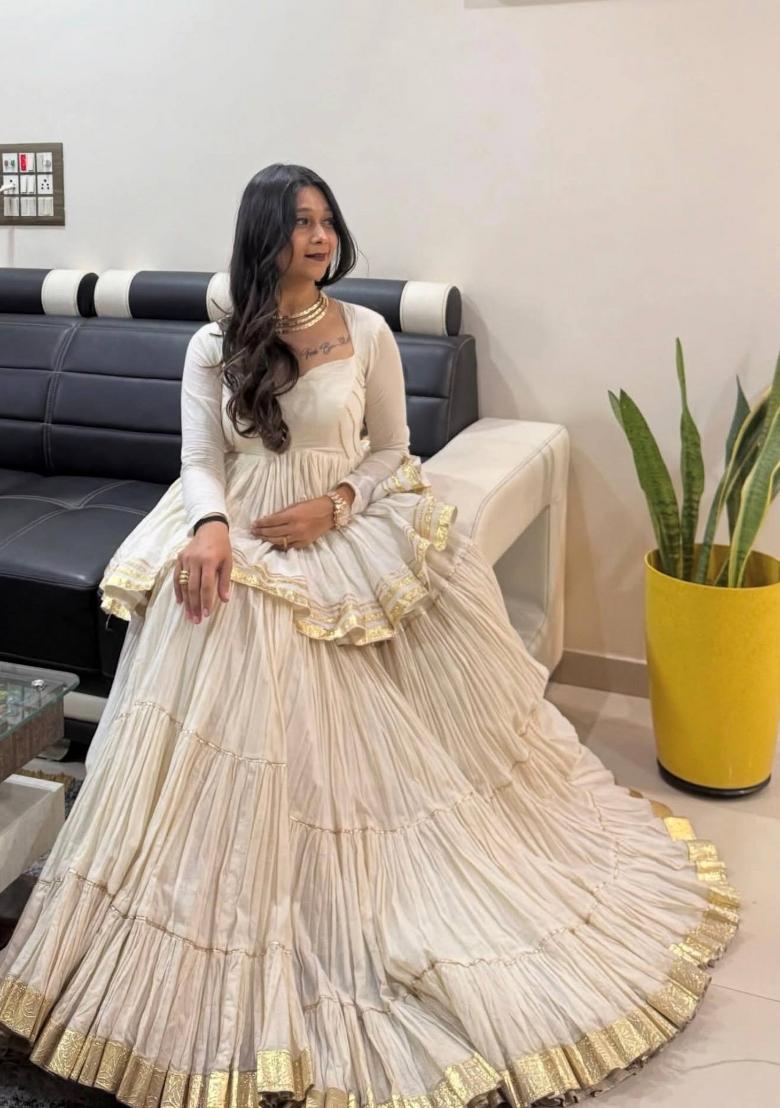 White Lace Work Cotton Lehenga Set - Indya