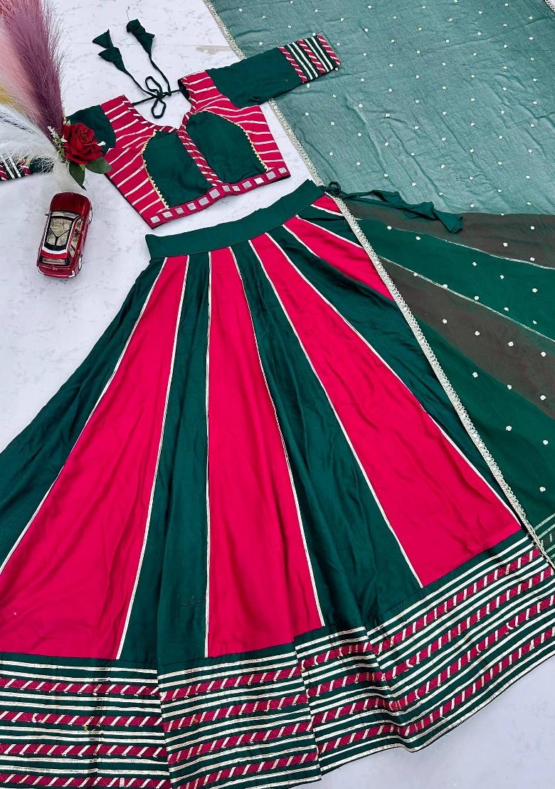 Green And Megenta Hand Work Cotton Lehenga Set - Indya