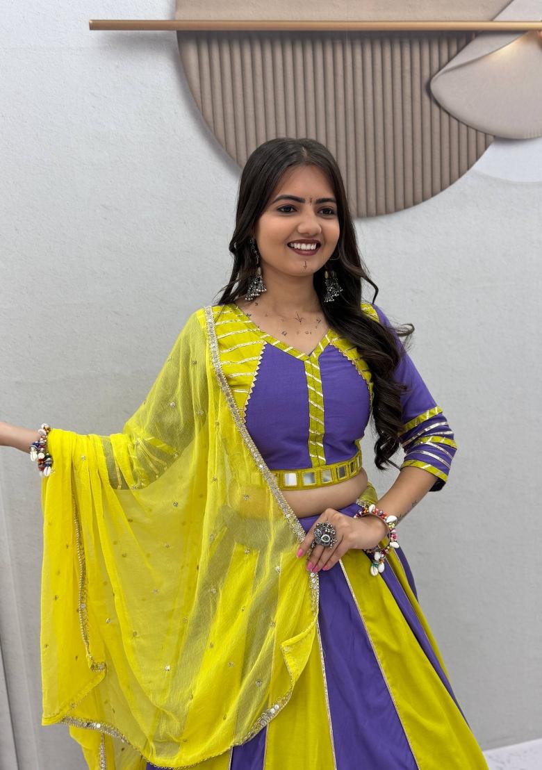 Lime Green And Purple Hand Work Cotton Lehenga Set - Indya