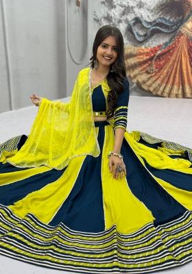 Navy Blue And Lime Green Hand Work Cotton Lehenga Set