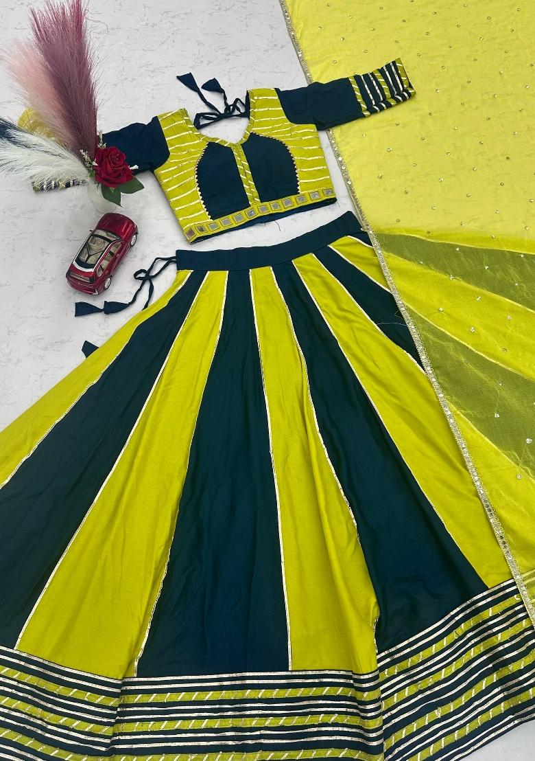 Navy Blue And Lime Green Hand Work Cotton Lehenga Set - Indya