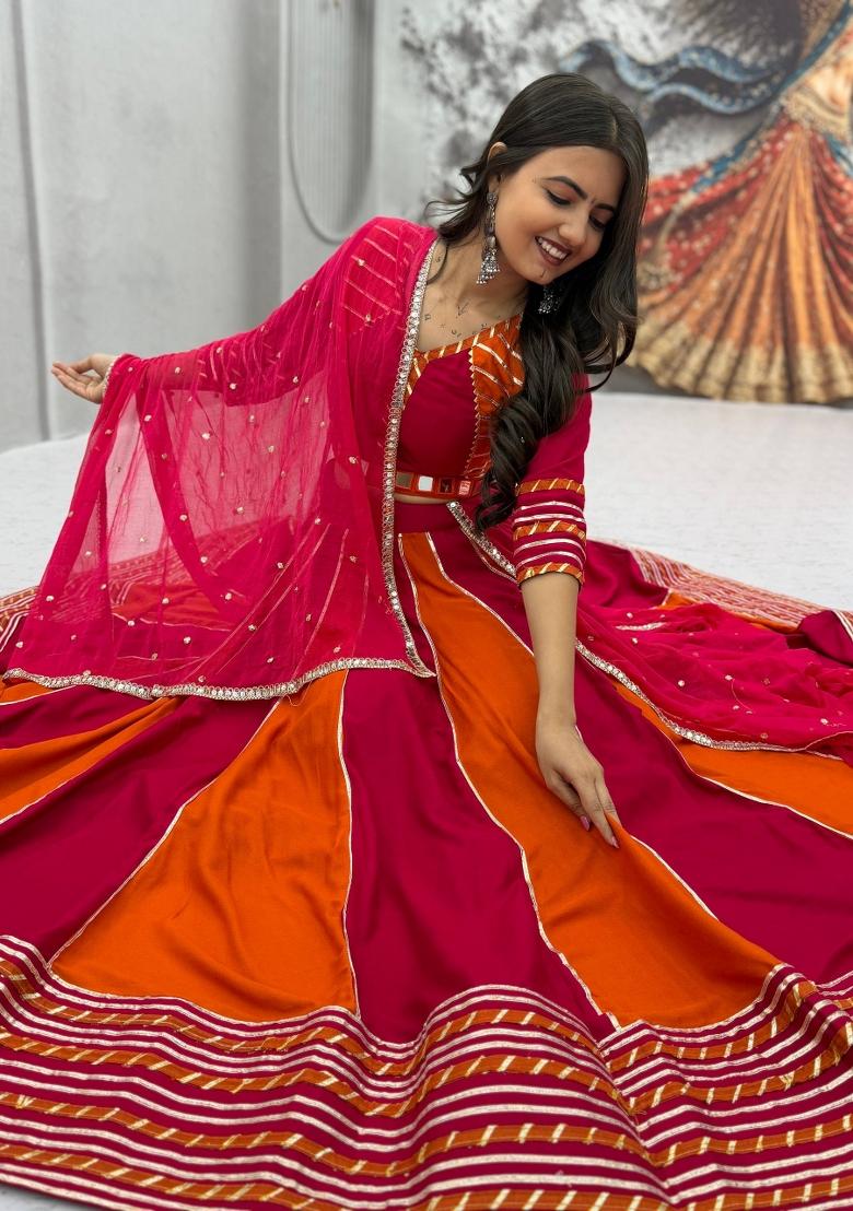 Rani Pink And Orange Hand Work Cotton Lehenga Set - Indya