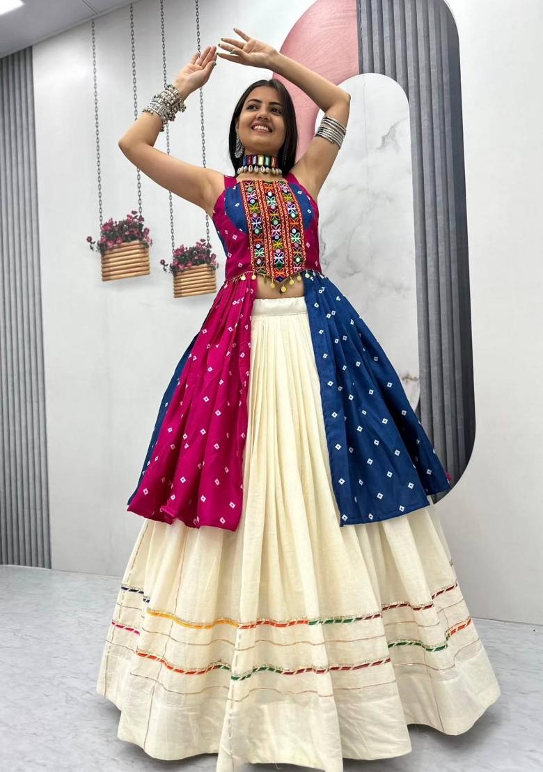 Pink Mirror Work Cotton Lehenga Set - Indya