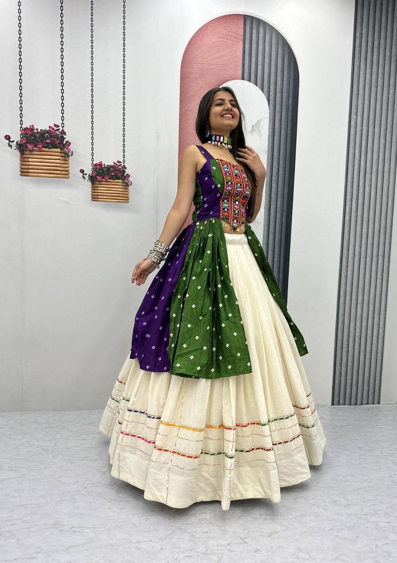 Purple Mirror Work Cotton Lehenga Set - Indya