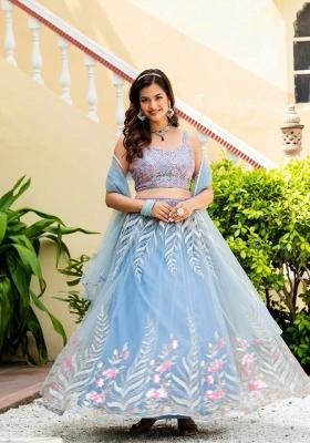 Sky Blue Embroidered Net Lehenga Set