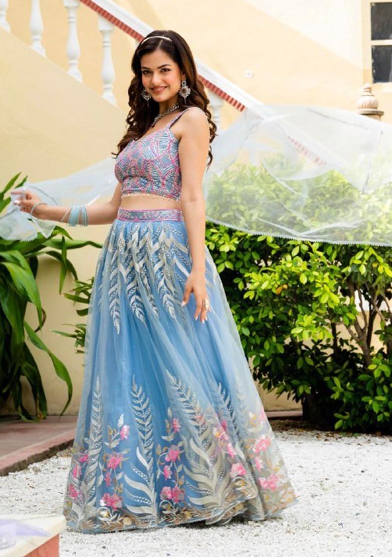 Sky Blue Embroidered Net Lehenga Set - Indya