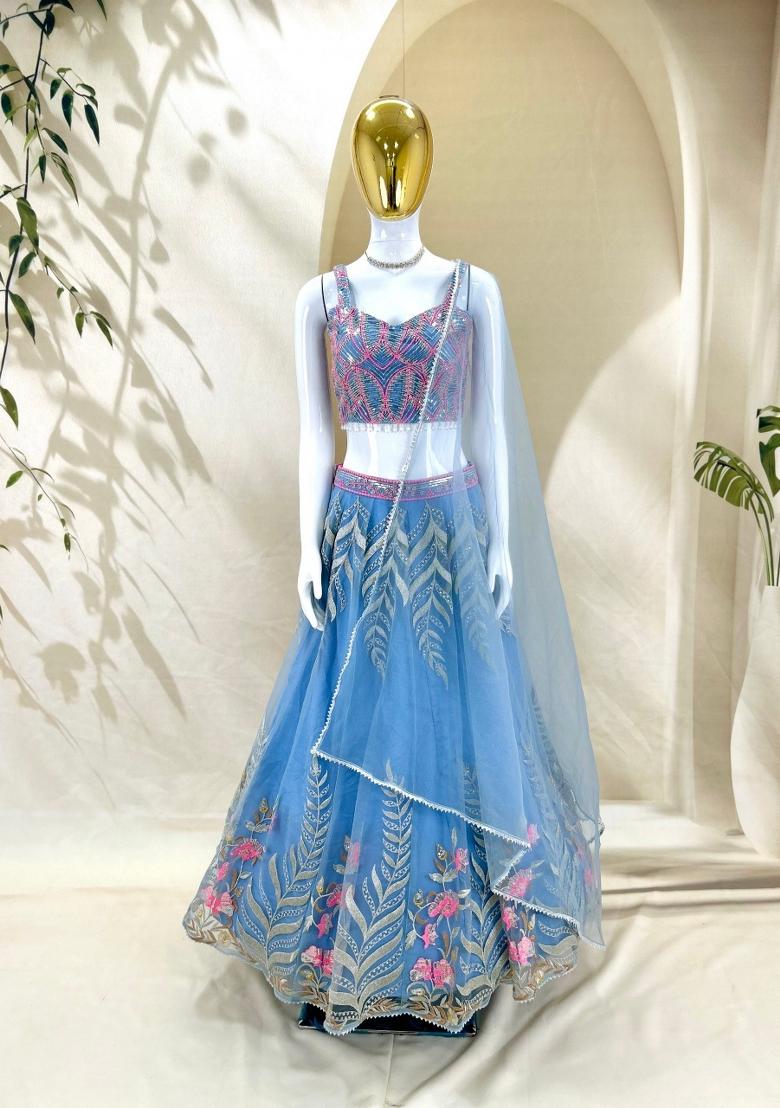 Sky Blue Embroidered Net Lehenga Set - Indya