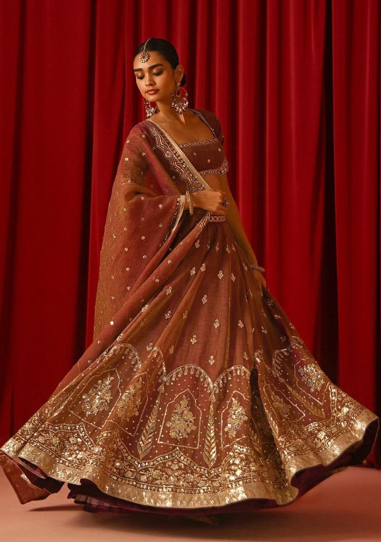 Rust Orange Embroidered Silk Lehenga Set - Indya