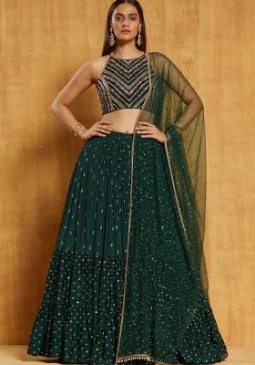 Green Embroidered Georgette Lehenga Set