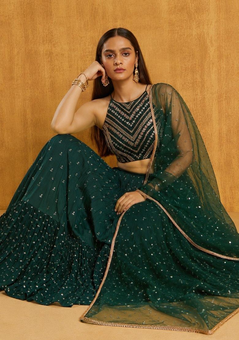 Green Embroidered Georgette Lehenga Set - Indya