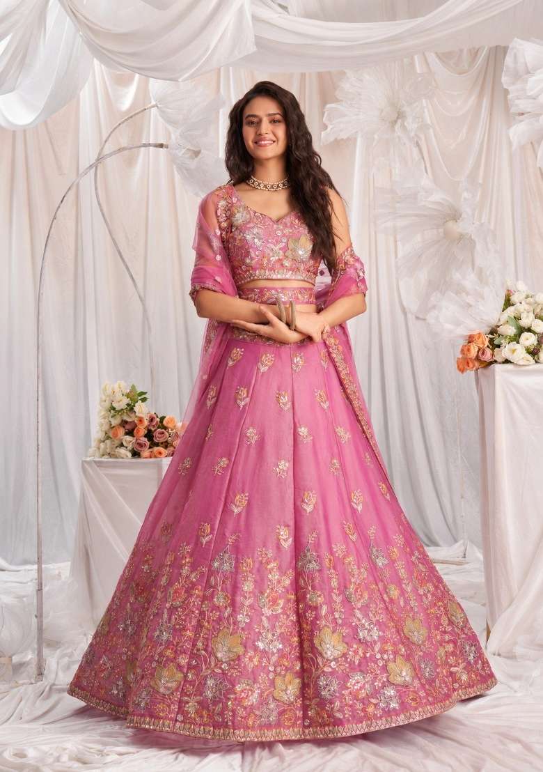 Pink Embroidered Fendi Lehenga Set for Diwali and Festive Wear - Indya