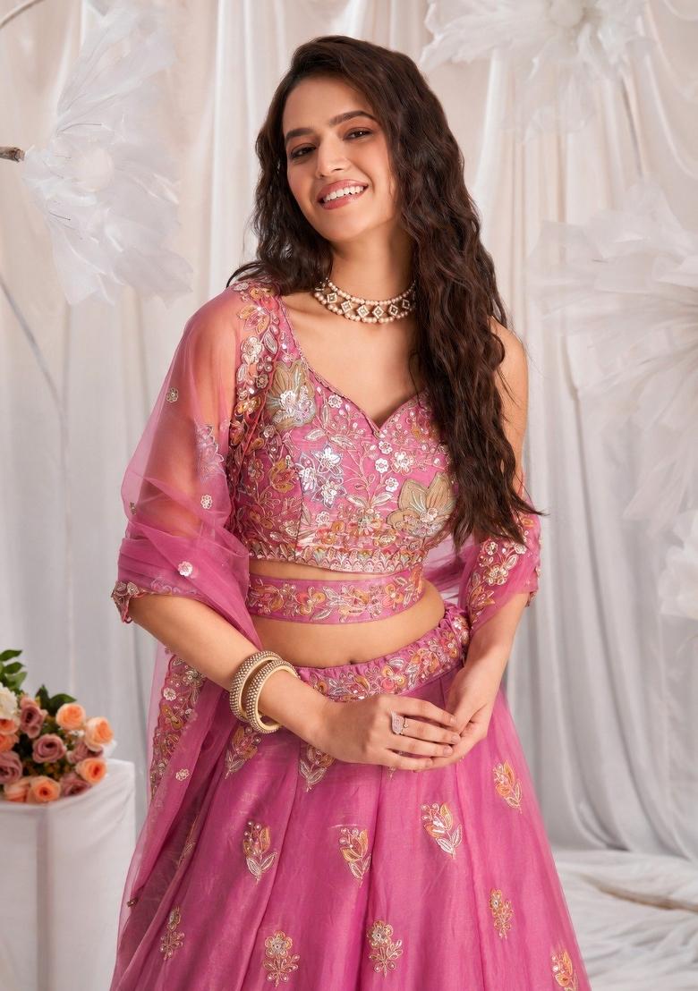 Pink Embroidered Fendi Lehenga Set - Indya