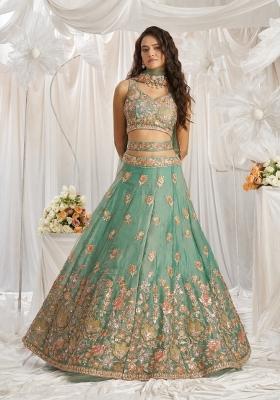 Sky Blue Embroidered Fendi Lehenga Set