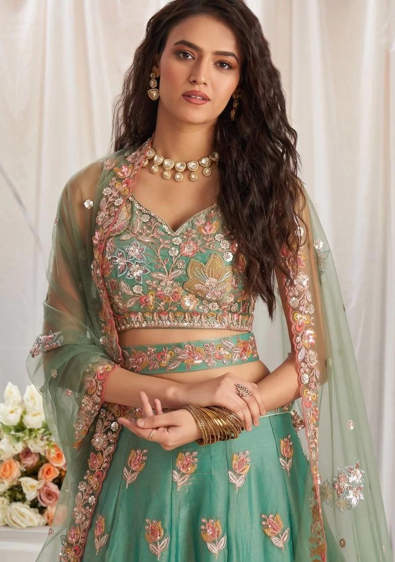 Sky Blue Embroidered Fendi Lehenga Set - Indya