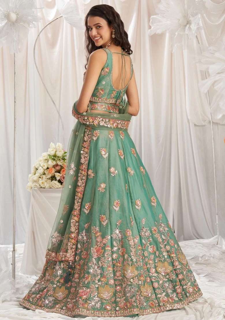 Sky Blue Embroidered Fendi Lehenga Set for Diwali and Festive Wear - Indya