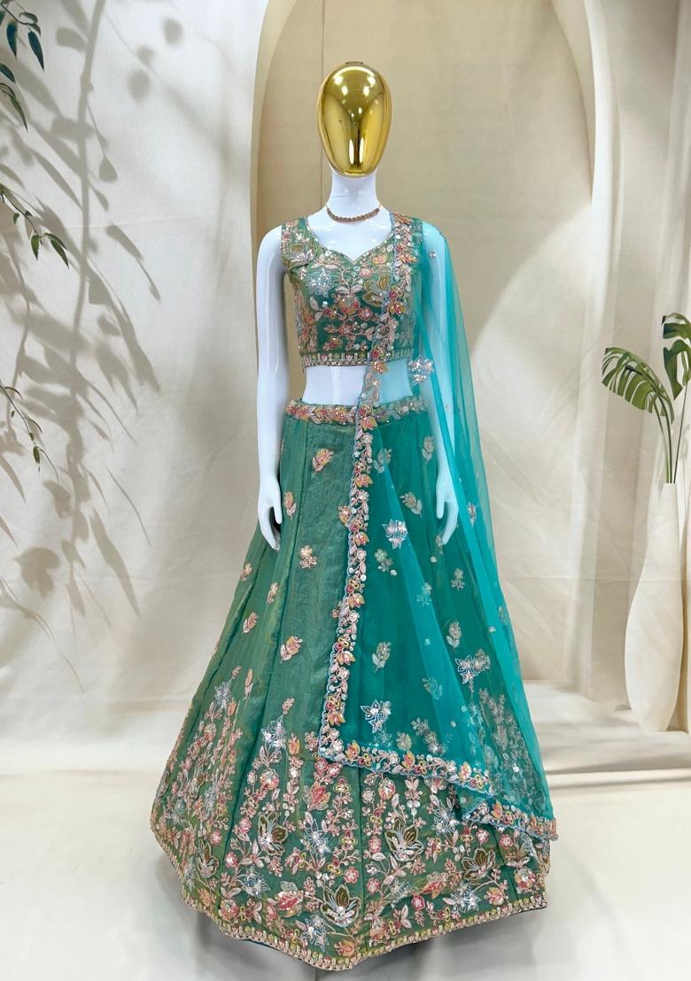 Sky Blue Embroidered Fendi Lehenga Set - Indya