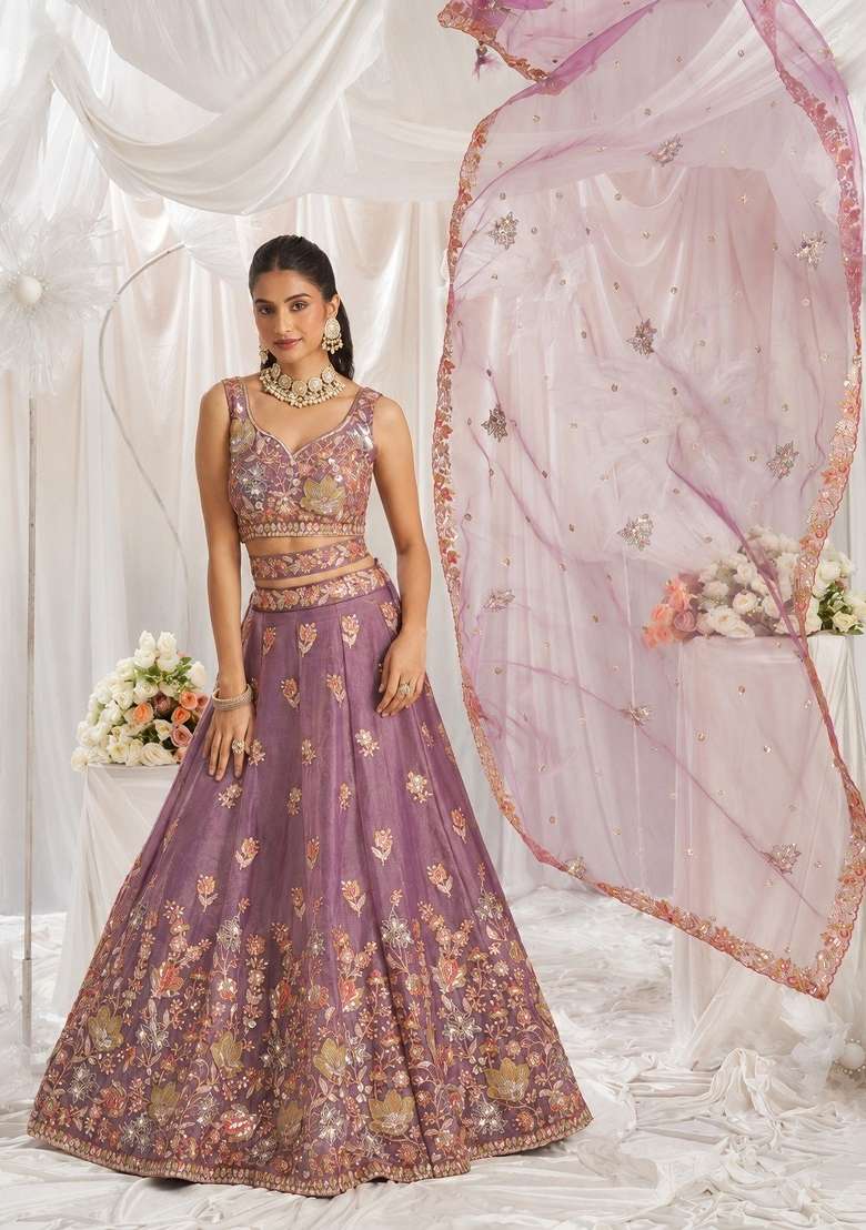 Lavender Fendi Lehenga Set with Embroidered for Diwali | Wedding & Festive Wear - Indya