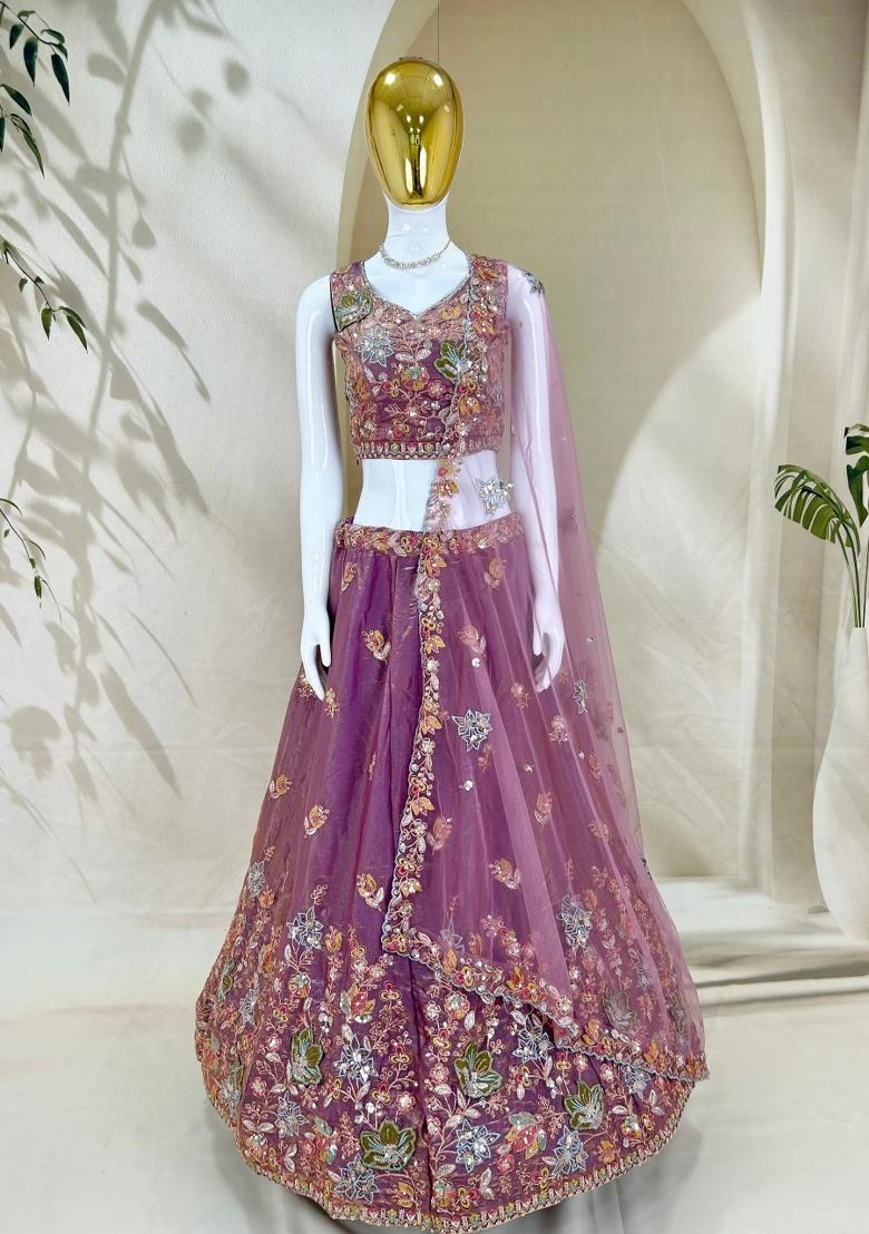 Lavender Embroidered Fendi Lehenga Set - Indya