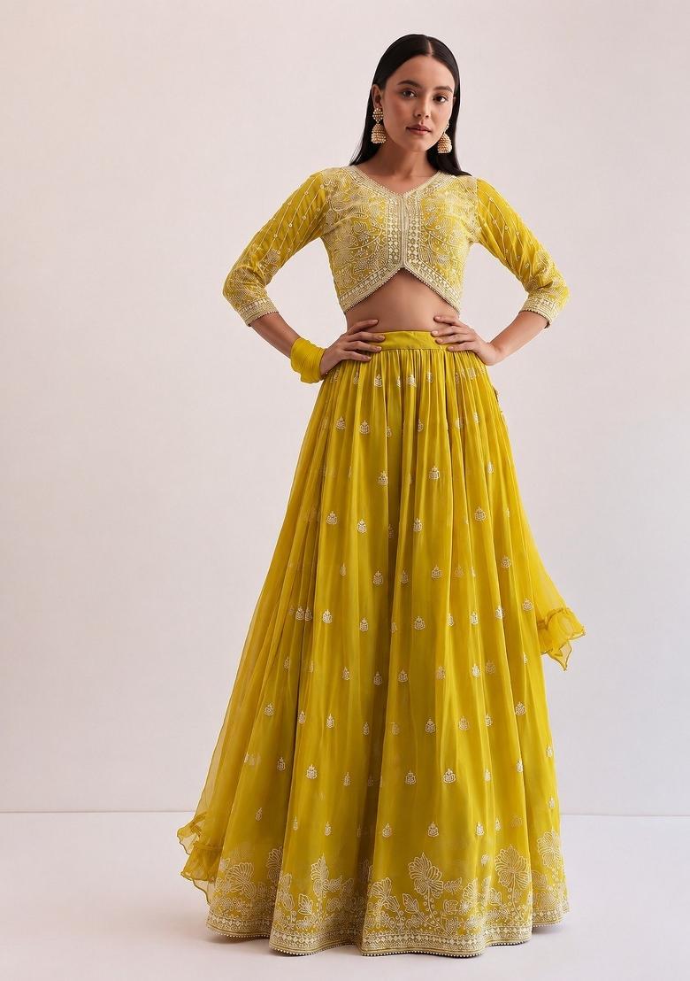 Yellow Embroidered Georgette Lehenga Set - Indya