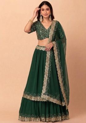 Green Embroidered Georgette Lehenga Set