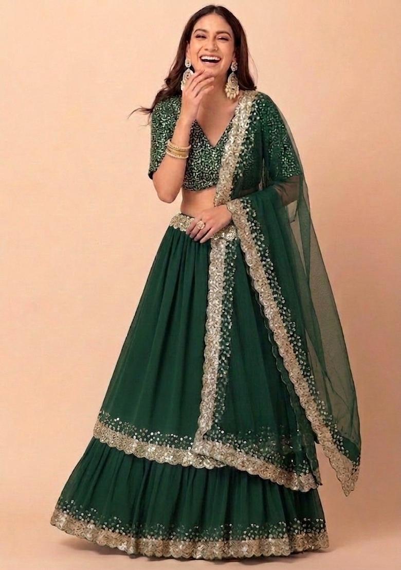 Green Embroidered Georgette Lehenga Set - Indya