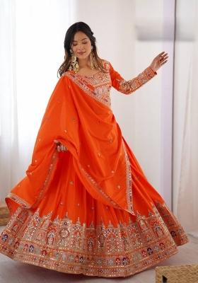 Orange Embroidered Crepe Lehenga Set