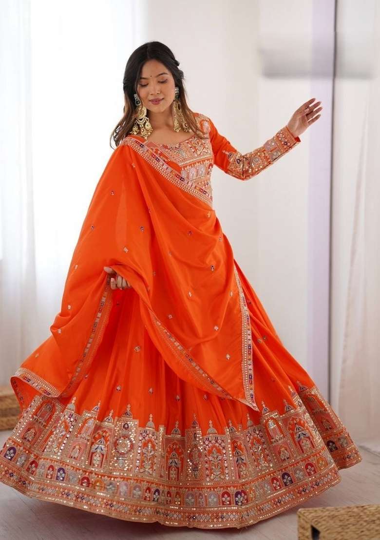 Orange Embroidered Crepe Lehenga Set for Diwali and Festive Wear - Indya