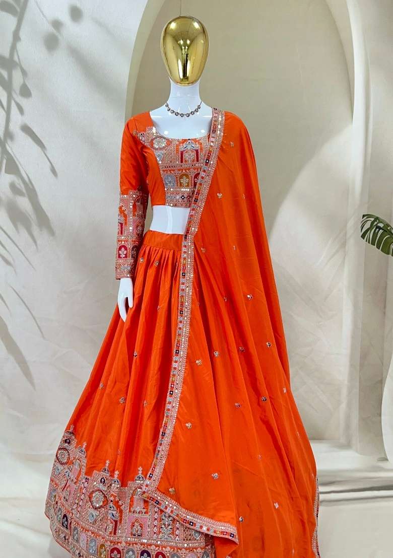 Orange Embroidered Crepe Lehenga Set for Diwali and Festive Wear - Indya