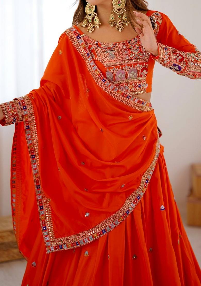 Orange Embroidered Crepe Lehenga Set - Indya