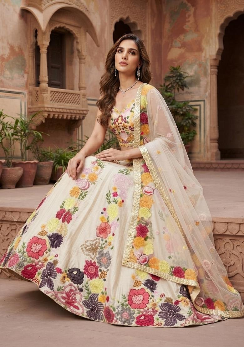 White Embroidered Chinon Lehenga Set - Indya