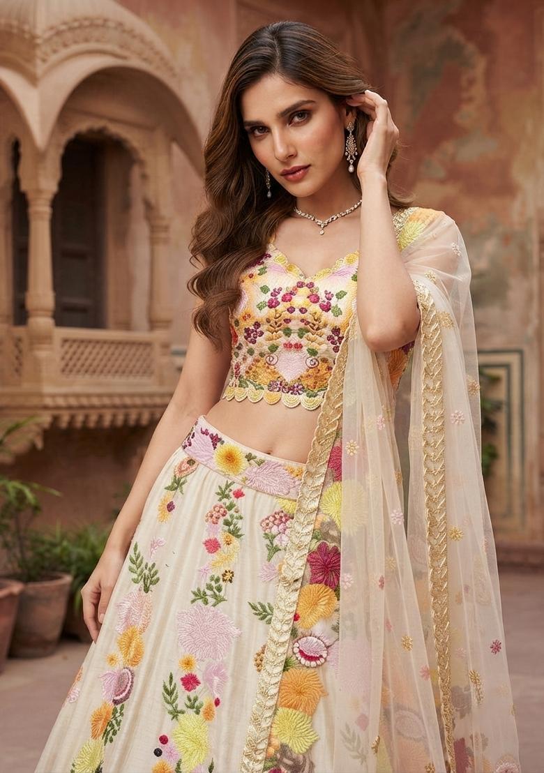 White Embroidered Chinon Lehenga Set - Indya