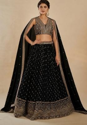 Black Embroidered Georgette Lehenga Set