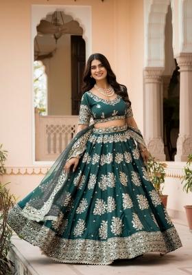 Bottle Green Embroidered Crepe Lehenga Set