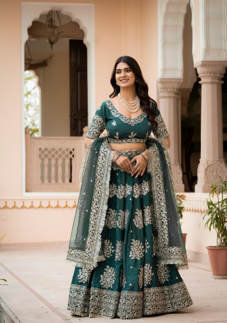 Bottle Green Embroidered Crepe Lehenga Set - Indya