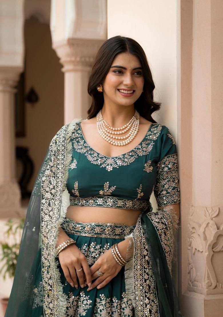 Bottle Green Embroidered Crepe Lehenga Set - Indya