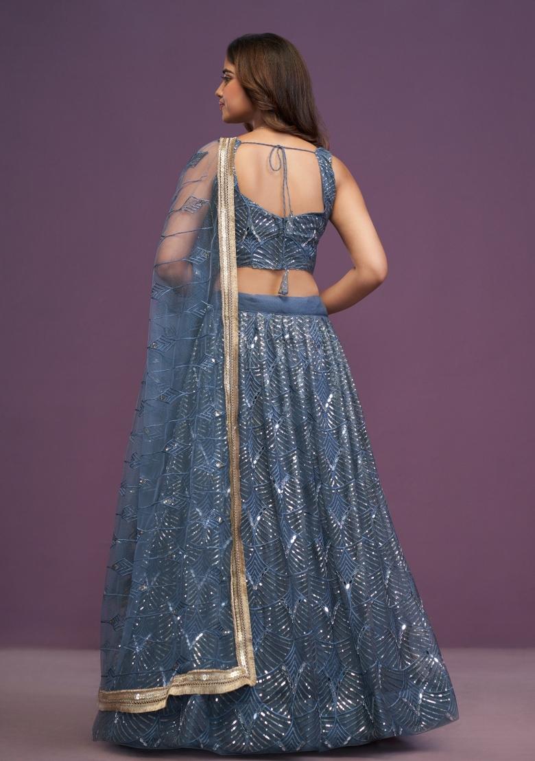Greyish Blue Embroidered Net Lehenga Set - Indya