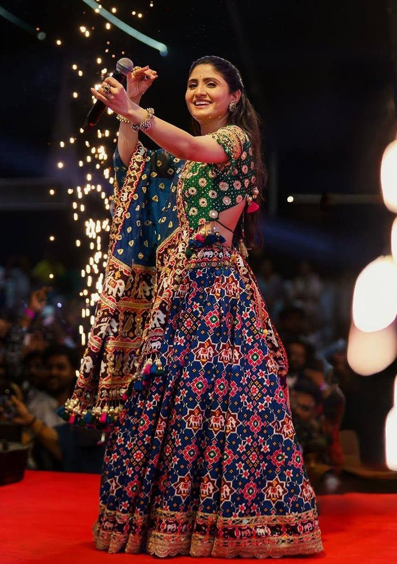 Blue Mirror Work Cotton Lehenga Set - Indya