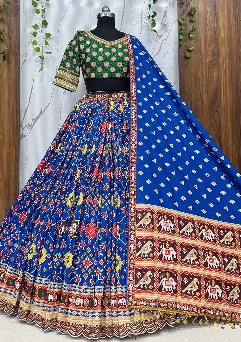 Blue Mirror Work Cotton Lehenga Set - Indya