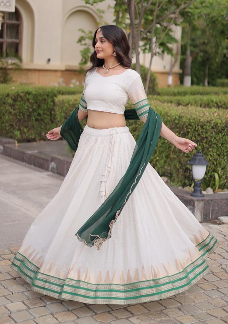Green Zari Work Viscose Lehenga Set - Indya
