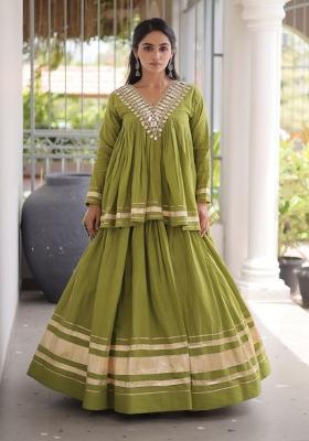 Green Zari Work Cotton Lehenga Set